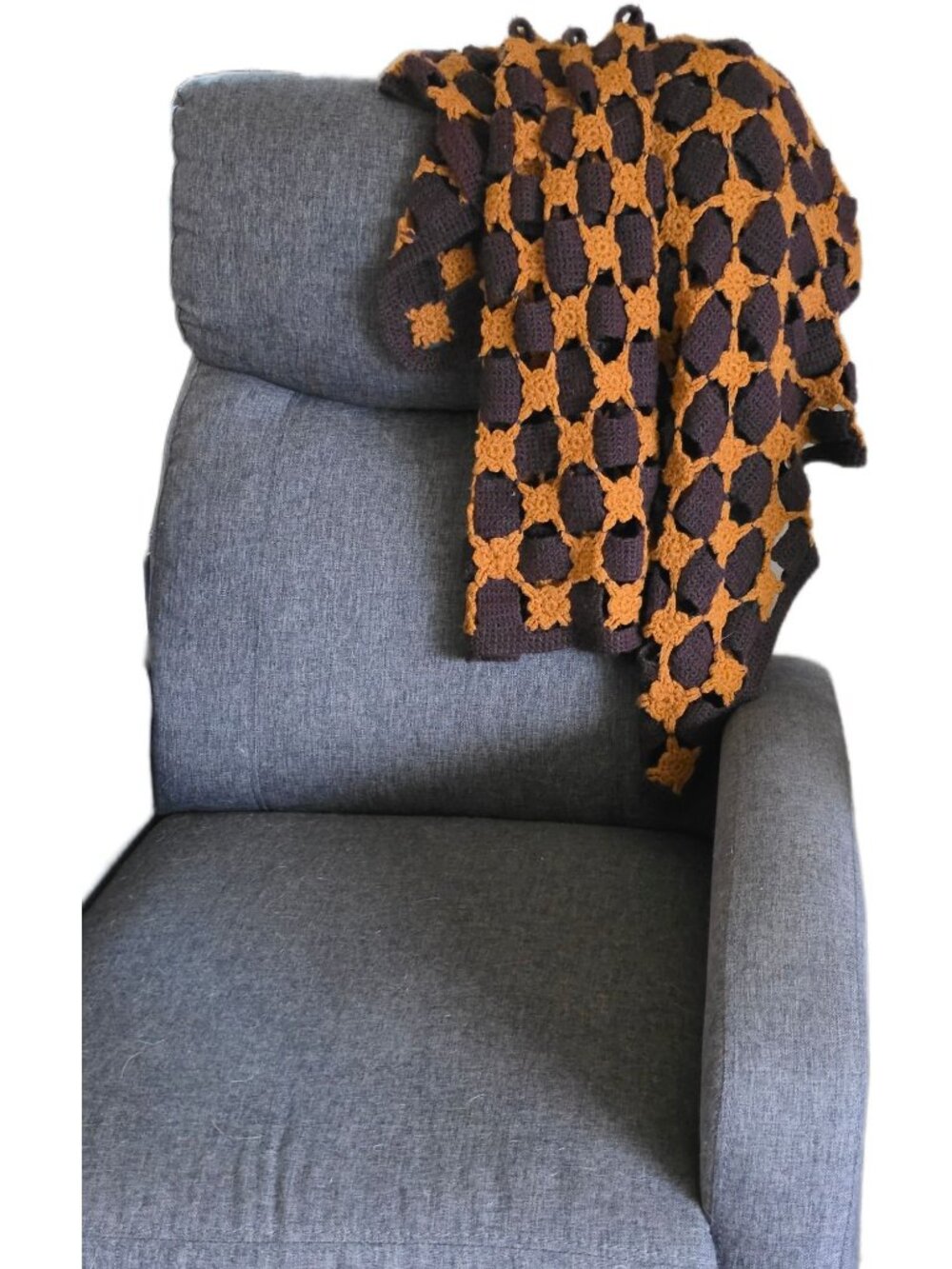Hand Crochet Medallion Grid Afghan Blanket Cottagecore Boho Brown Caramel Throw - Picture 6 of 8
